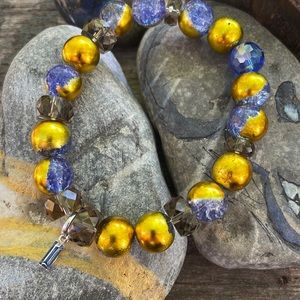 Handmade All Upcycled Boho Glam Bead Bracelet w Silvertone Periwinkle Charm 💫